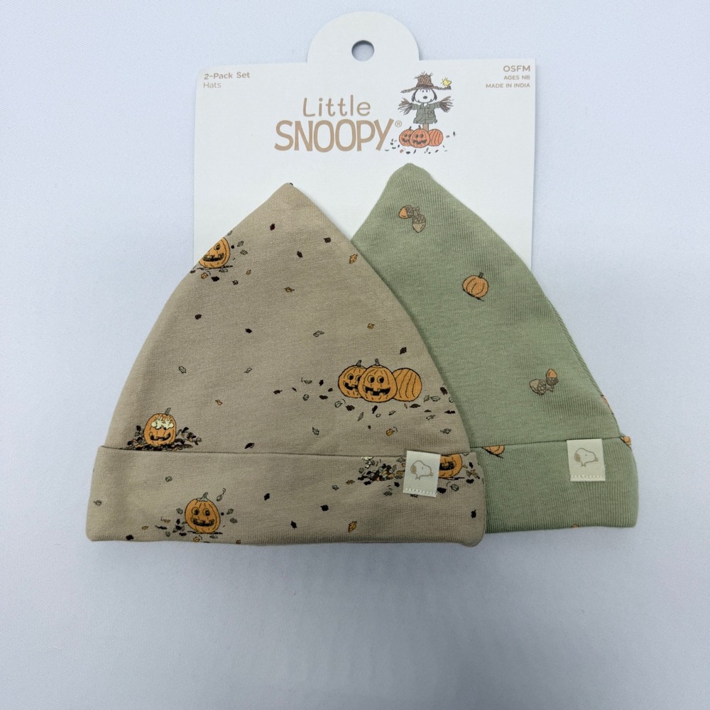 Little Snoopy Newborn Baby 2-Pack Hat Set Fall Pumpkin Acorn Tan Green NB